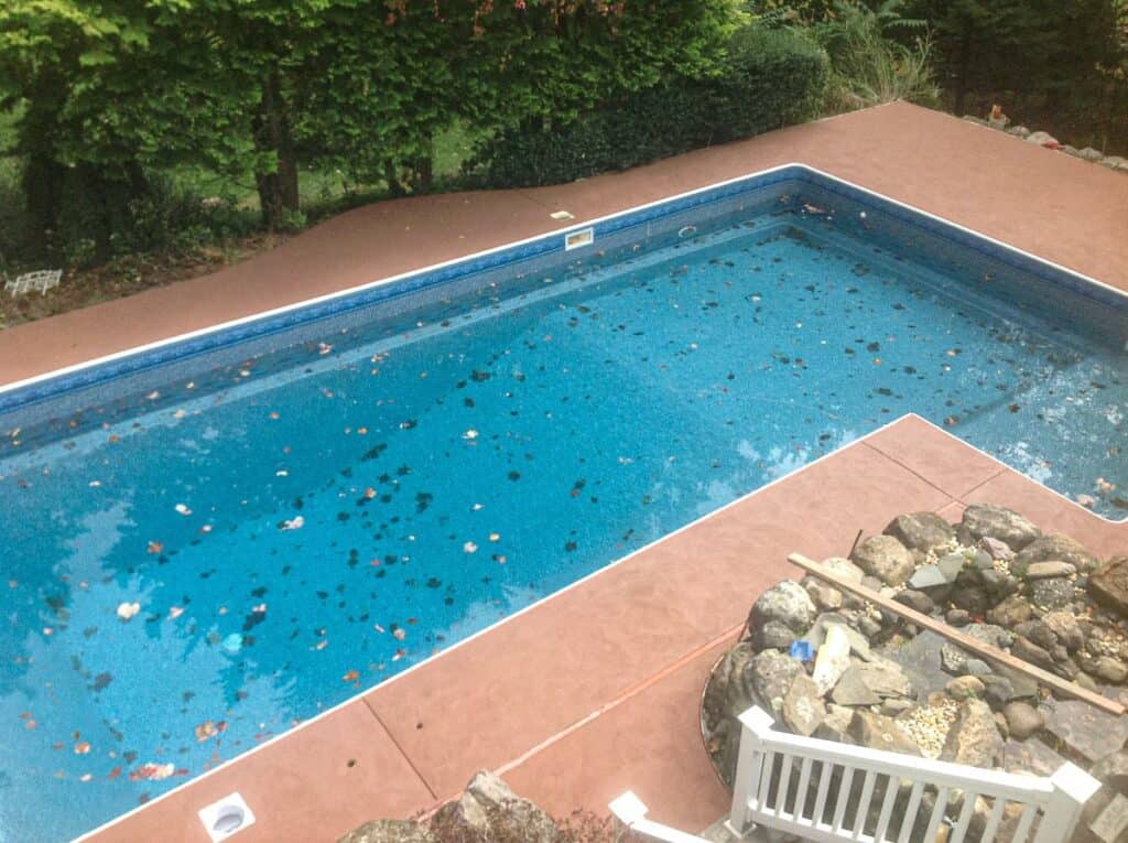 Frontier desert pool deck surrounding a rectangular in-ground pool with leaves coating the top.